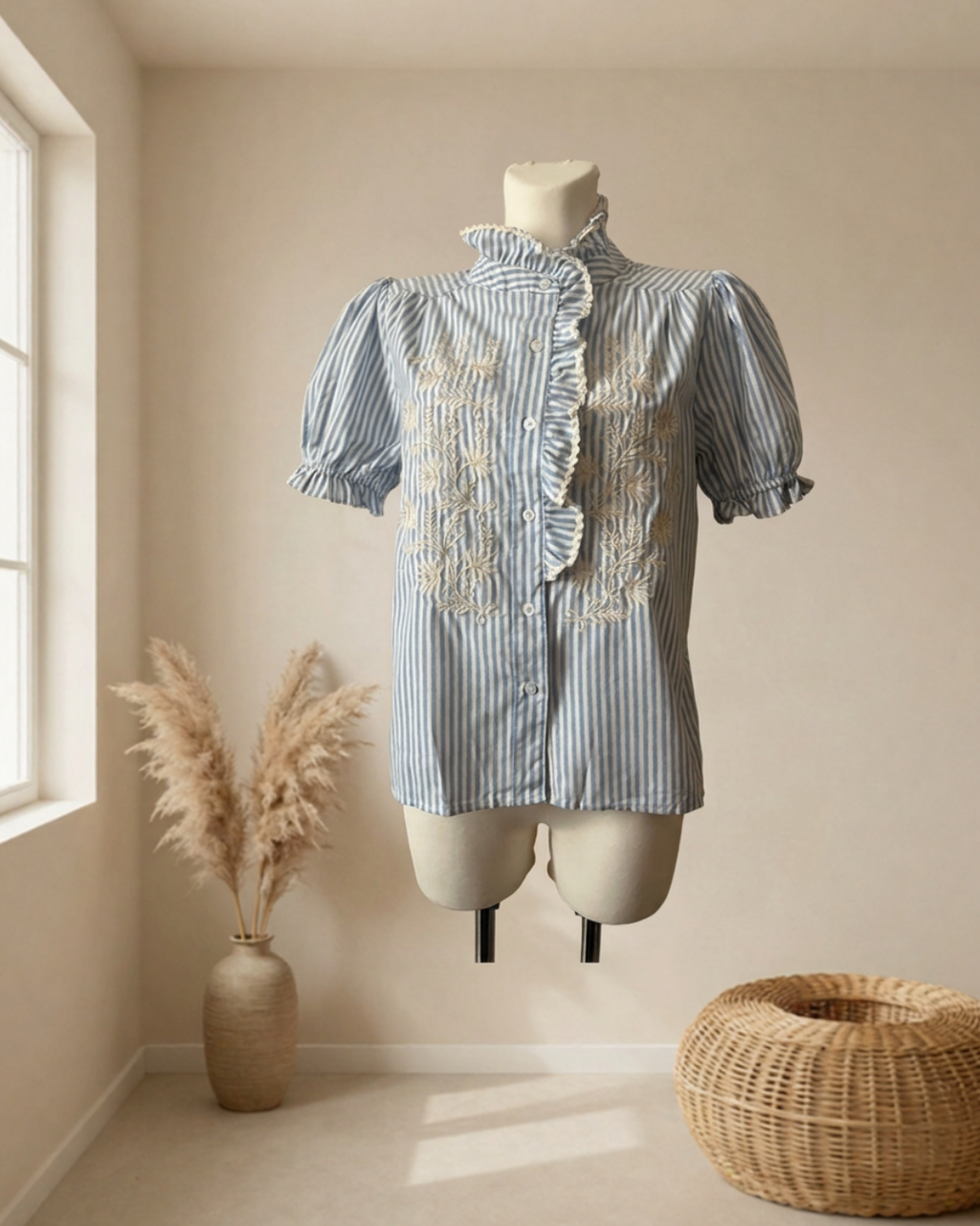 BLOUSE RAYEE BORDEE BLEU CIEL