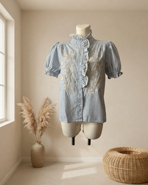 BLOUSE RAYEE BORDEE BLEU CIEL