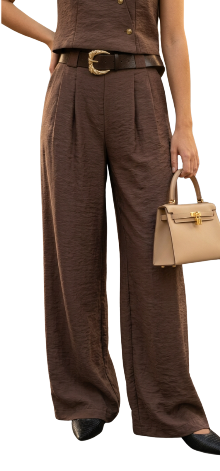 Pantalon Wide-Leg Satiné Chocolat – Ceinture Boucle Dorée