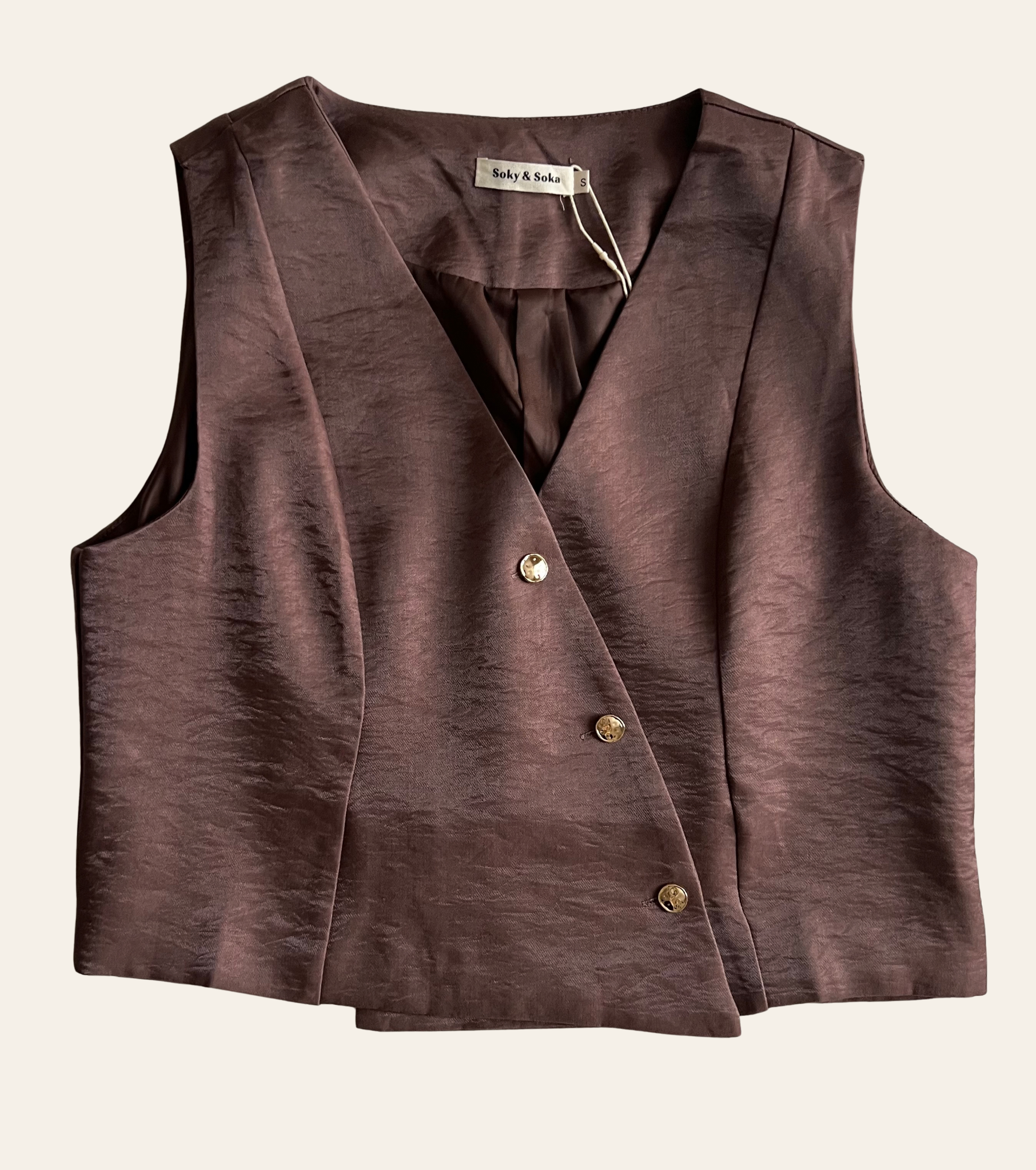 GILET CROISE SATINE CHOCOLAT