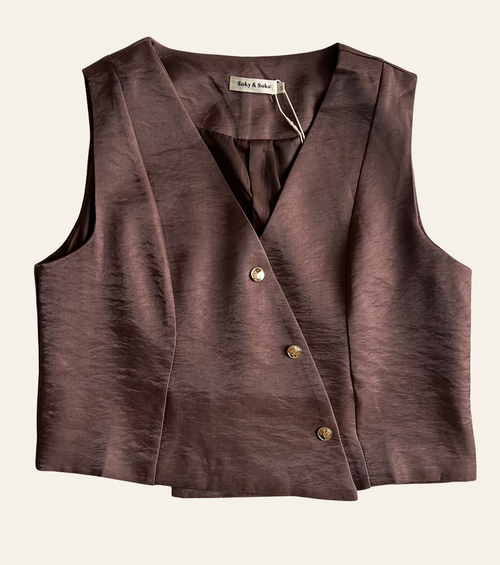 GILET CROISE SATINE CHOCOLAT