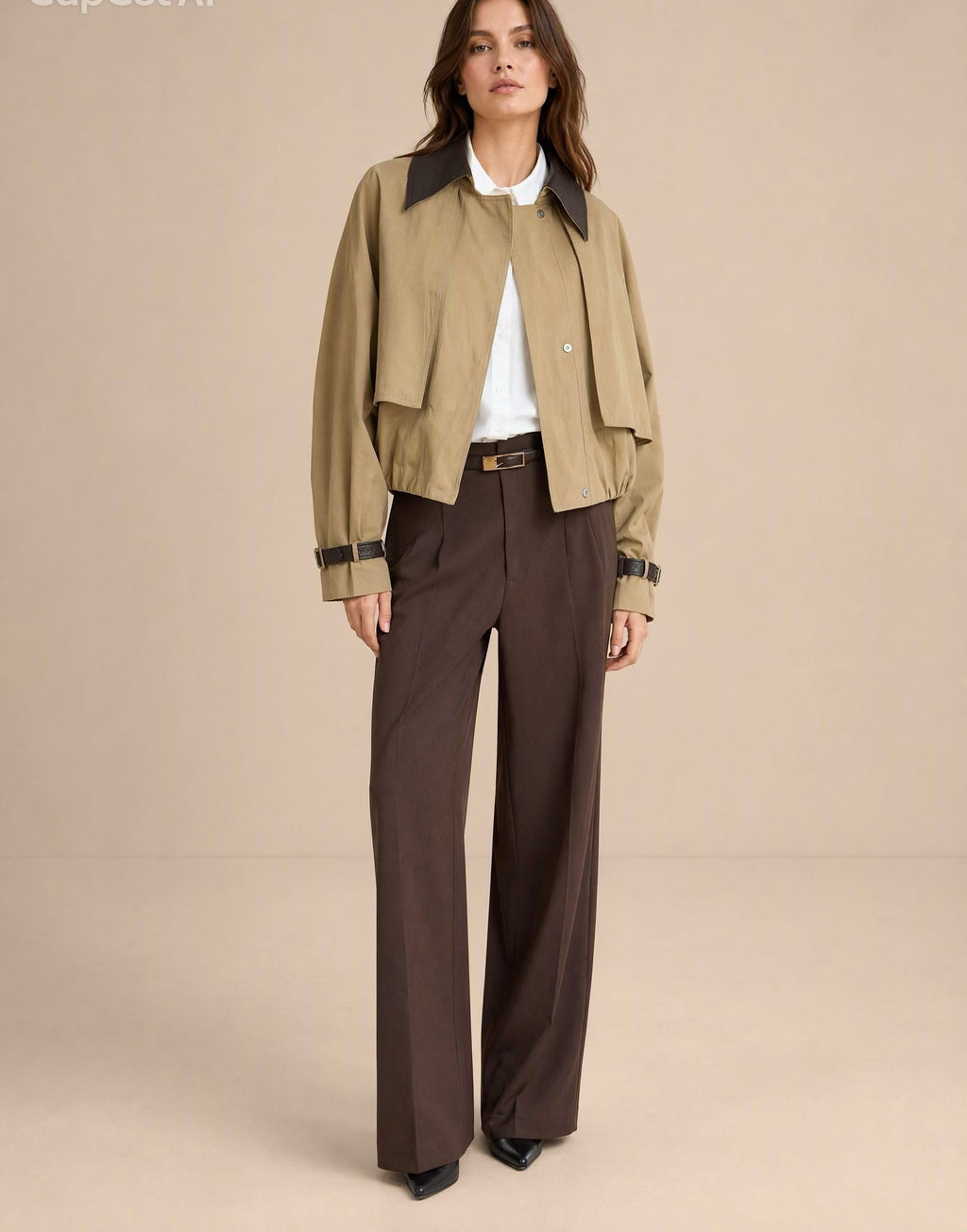 Veste courte beige à col contrasté