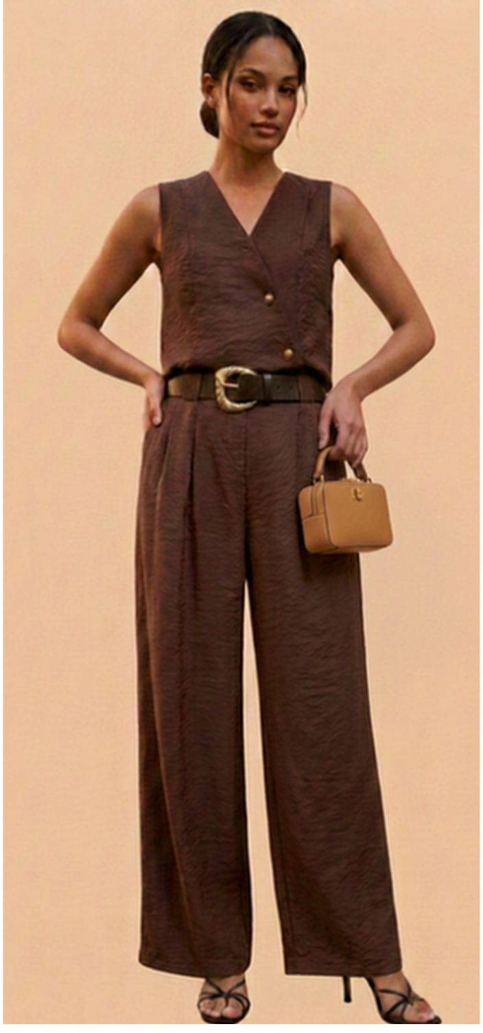 Pantalon Wide-Leg Satiné Chocolat – Ceinture Boucle Dorée