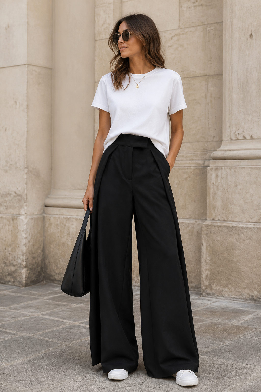 Pantalon large noir à plis ouverts