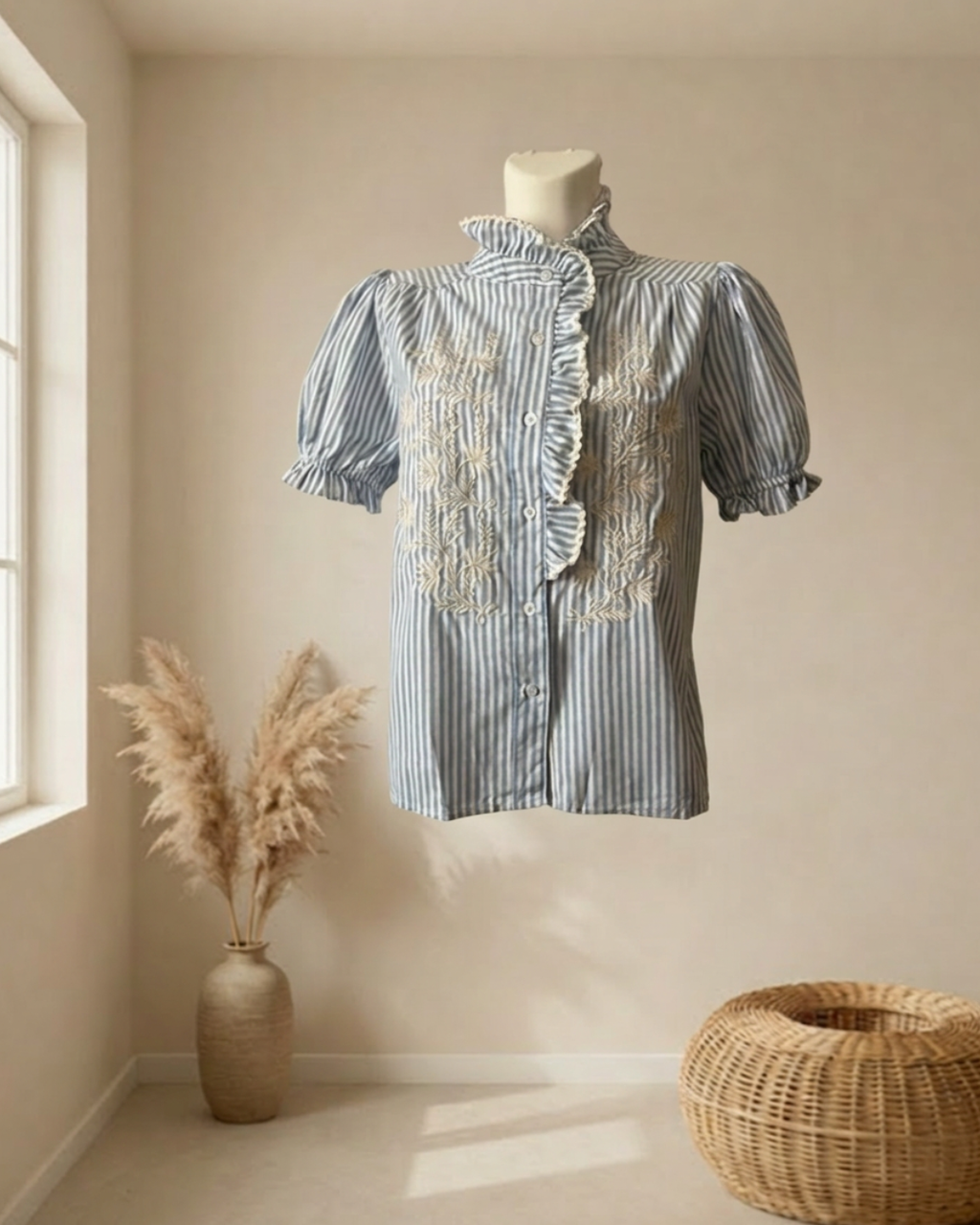 BLOUSE RAYEE BORDEE BLEU CIEL