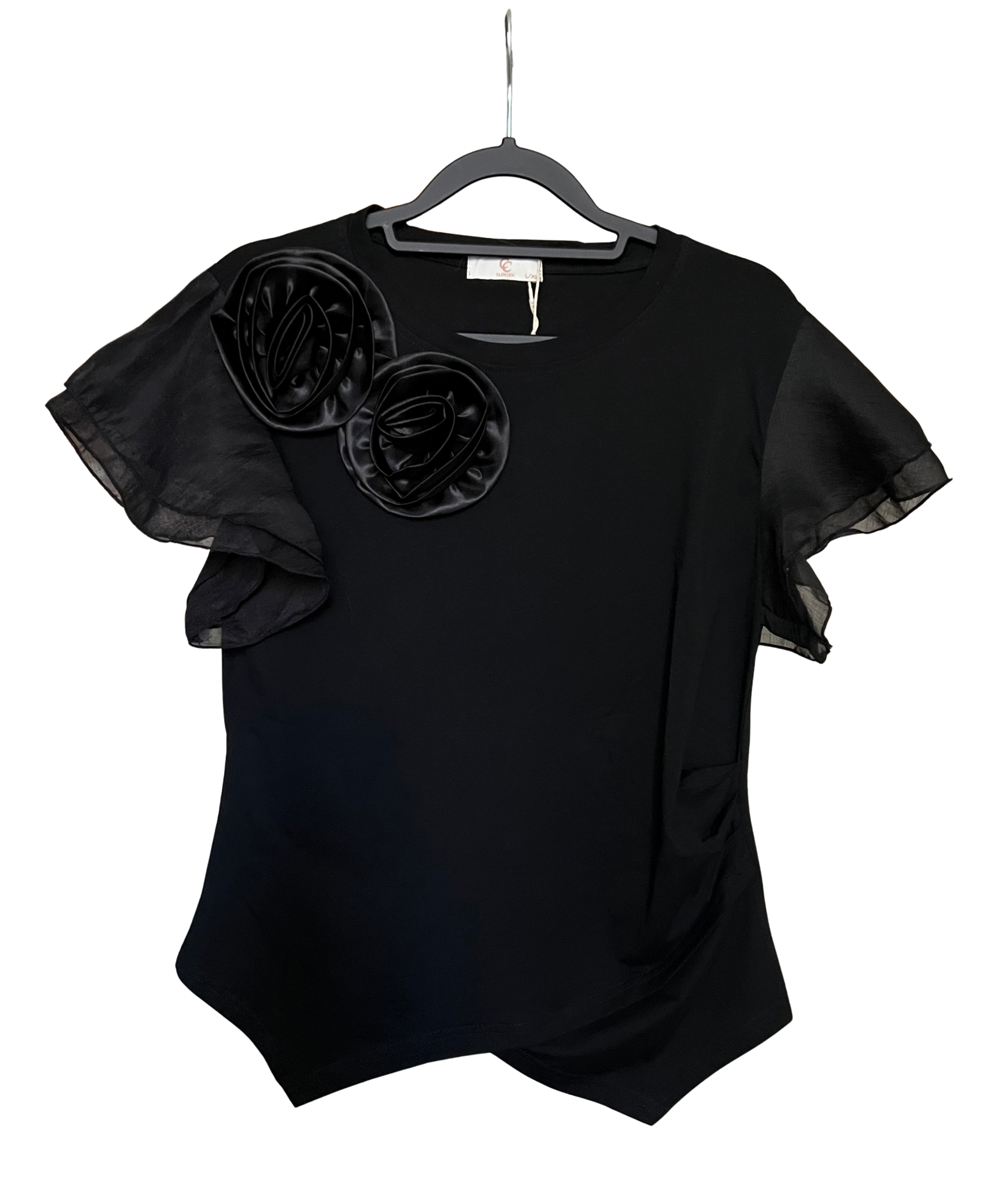 T-SHIRT NOIR FLEURS SATINÉES MANCHES VOILE VOLANT