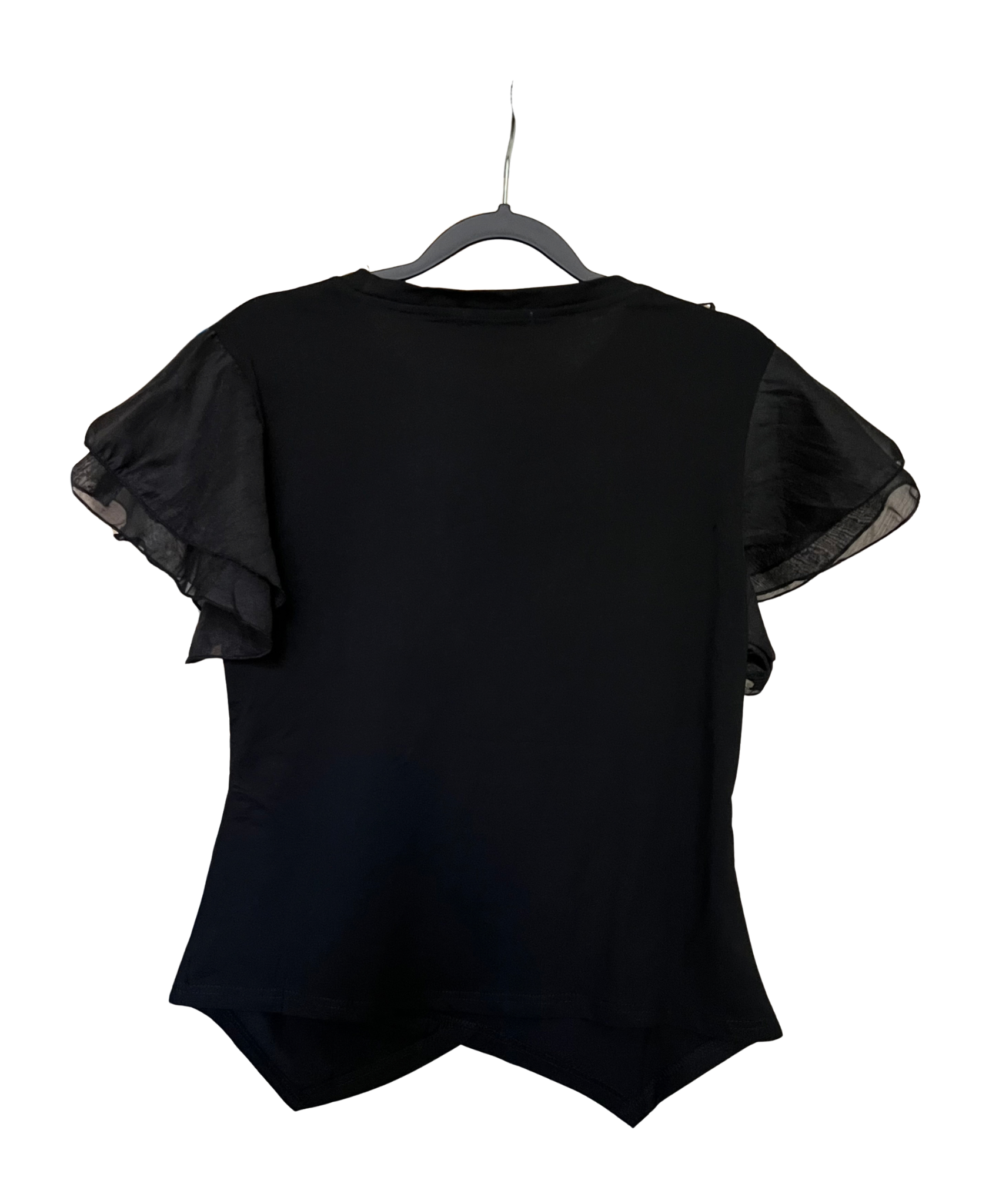 T-SHIRT NOIR FLEURS SATINÉES MANCHES VOILE VOLANT